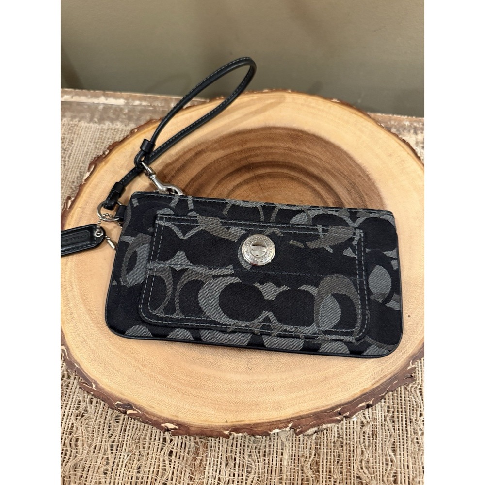 Vintage Coach Black Gray Signature Logo 1941 Wristlet Pouch Front Snap Pocket